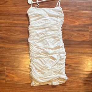 White Ruched Spaghetti Strap Bodycon Dress